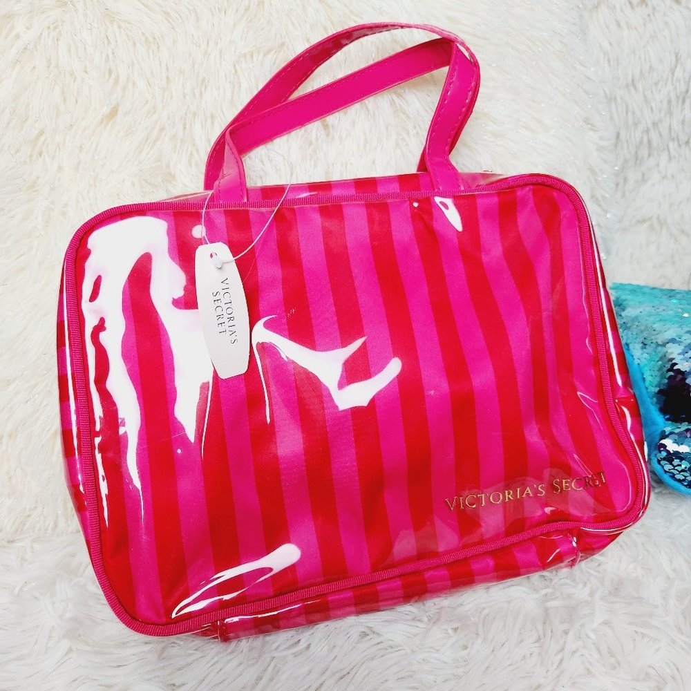 NEW Victoria's Secret pink striped trifold cosmetic travel bag RARE